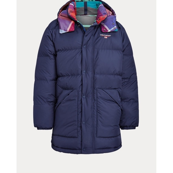 Polo by Ralph Lauren Men's Reversible Blue Puffer Coat with Multicolor Hood /Hat